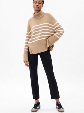 GAP 100% Cotton Striped Turtleneck Sweater Beige White M  (PTP24)